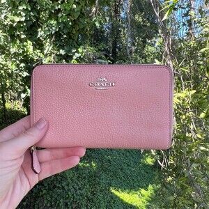 COACH Medium PINK Pebble Leather ID Zip Wallet with Silver Hardware AUTHENTIC